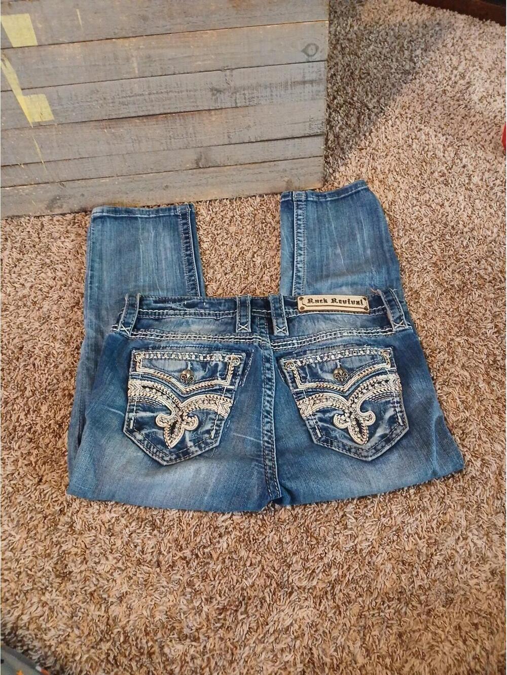 Rock Revival Jeans Womens Size 28 Yadra Crop Skinny Mid Rise Distressed